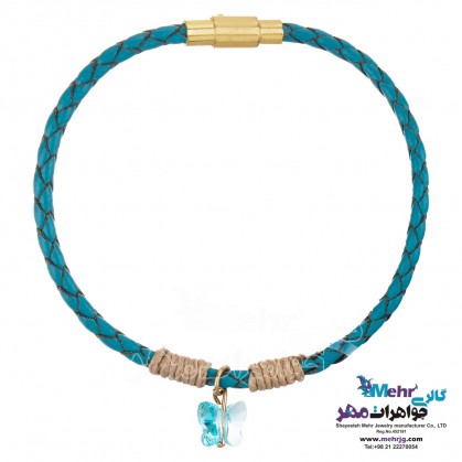 دستبند طلا و چرم - سنگ سواروسکی پروانه-MB0869
